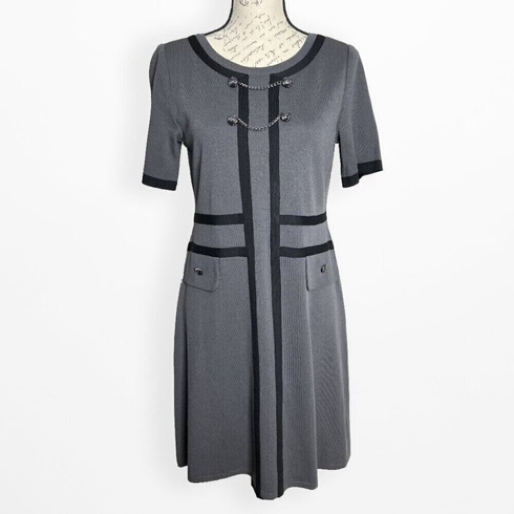 Ming Wang Button Detail Contrast Knit Dress Grey/Black